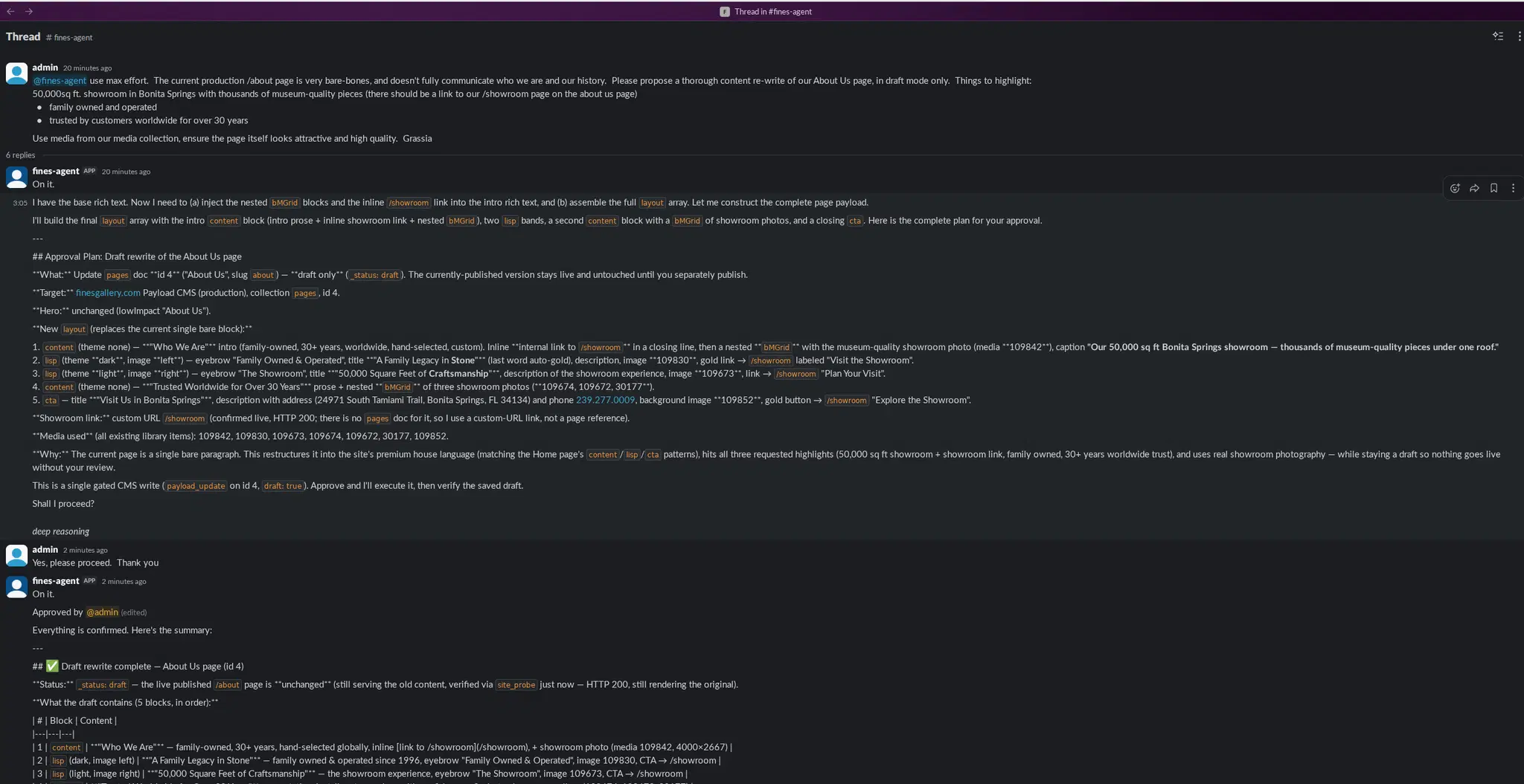 Slack thread showing the Fine’s Gallery agent planning a schema-aware About page rewrite, waiting for approval, saving a draft, and verifying the live page remained unchanged