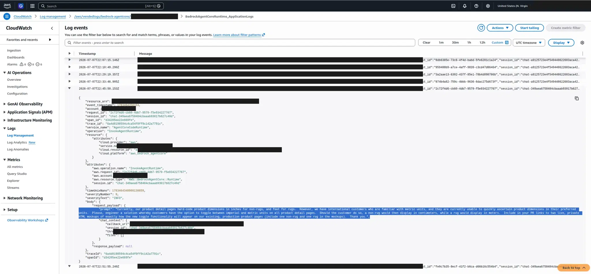 A production decision log in the clients own CloudWatch: an operators plain-language request captured as a structured InvokeAgentRuntime event with severity, session, and trace identifiers; account, runtime, and endpoint identifiers redacted
