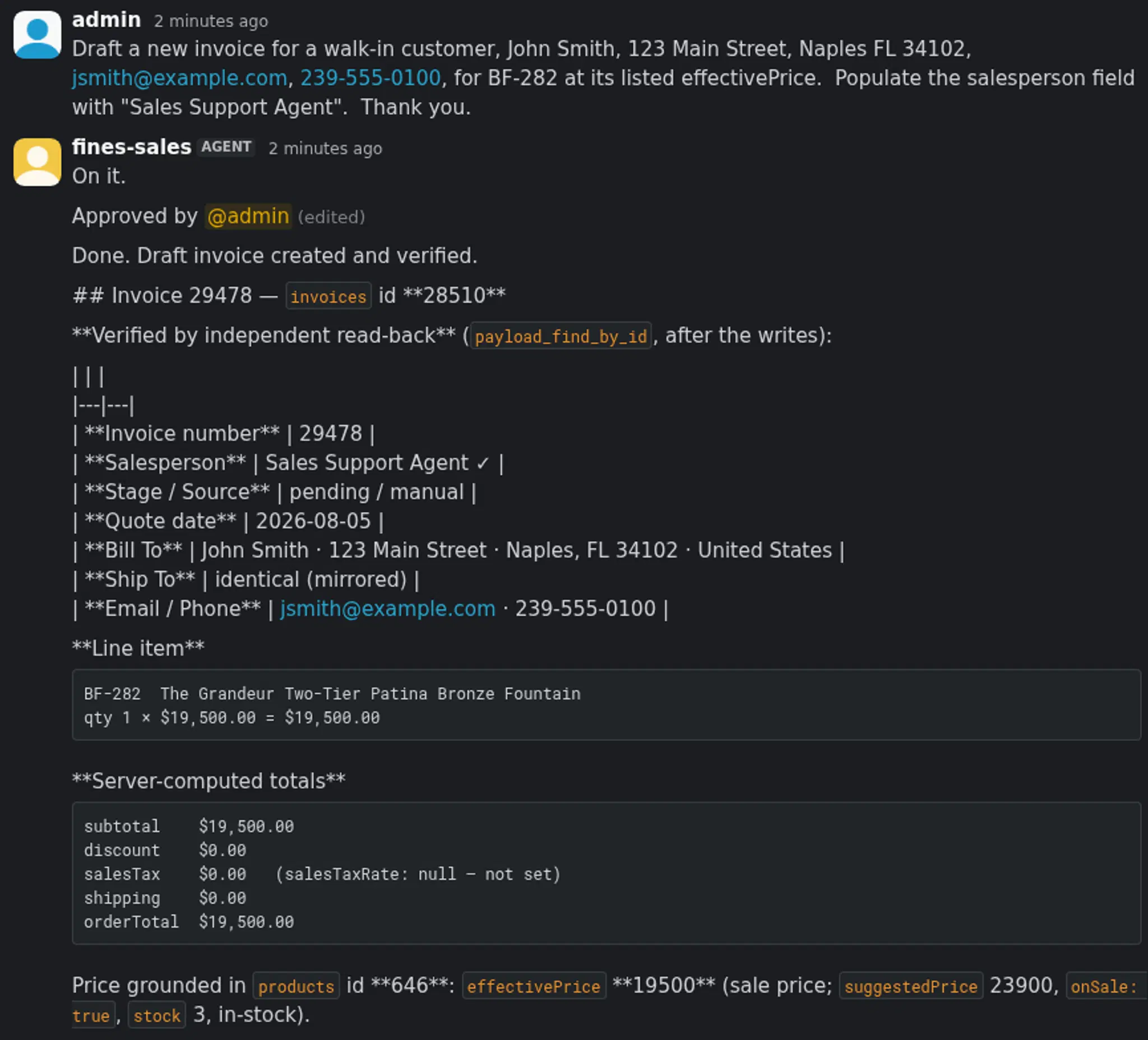 Slack thread with the Fines Gallery sales agent: a plain-language request for a draft invoice, the agents plan, and the human approval gate before any write happens.