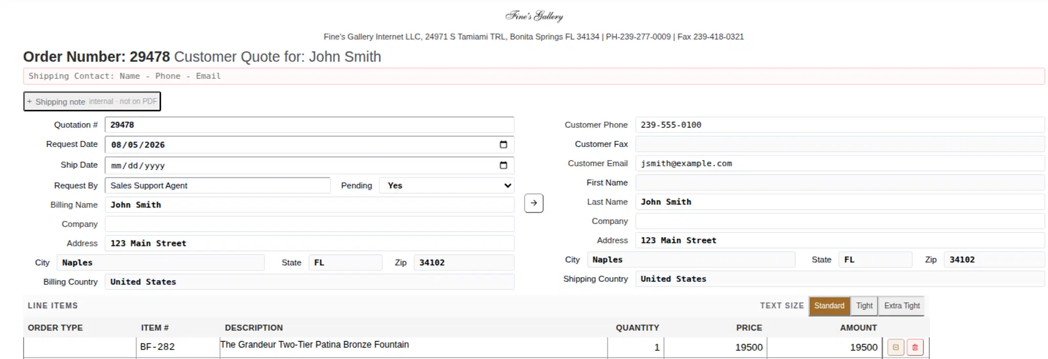 The resulting draft invoice inside the commerce platform: real invoice numbering, rate rules, and line items, created by the sales agent and awaiting human review.