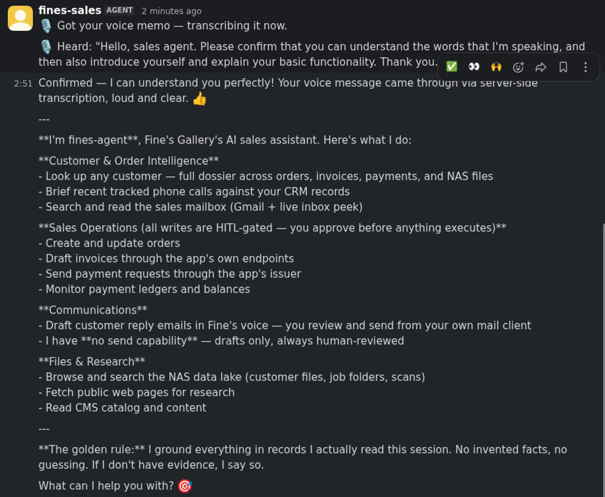 A voice memo to the Fines Gallery sales agent in Slack: the pipeline acknowledges the clip, transcribes it with Amazon Transcribe, echoes back the exact words it heard, and the agent introduces its governed capabilities, including drafts-only email with no send capability.