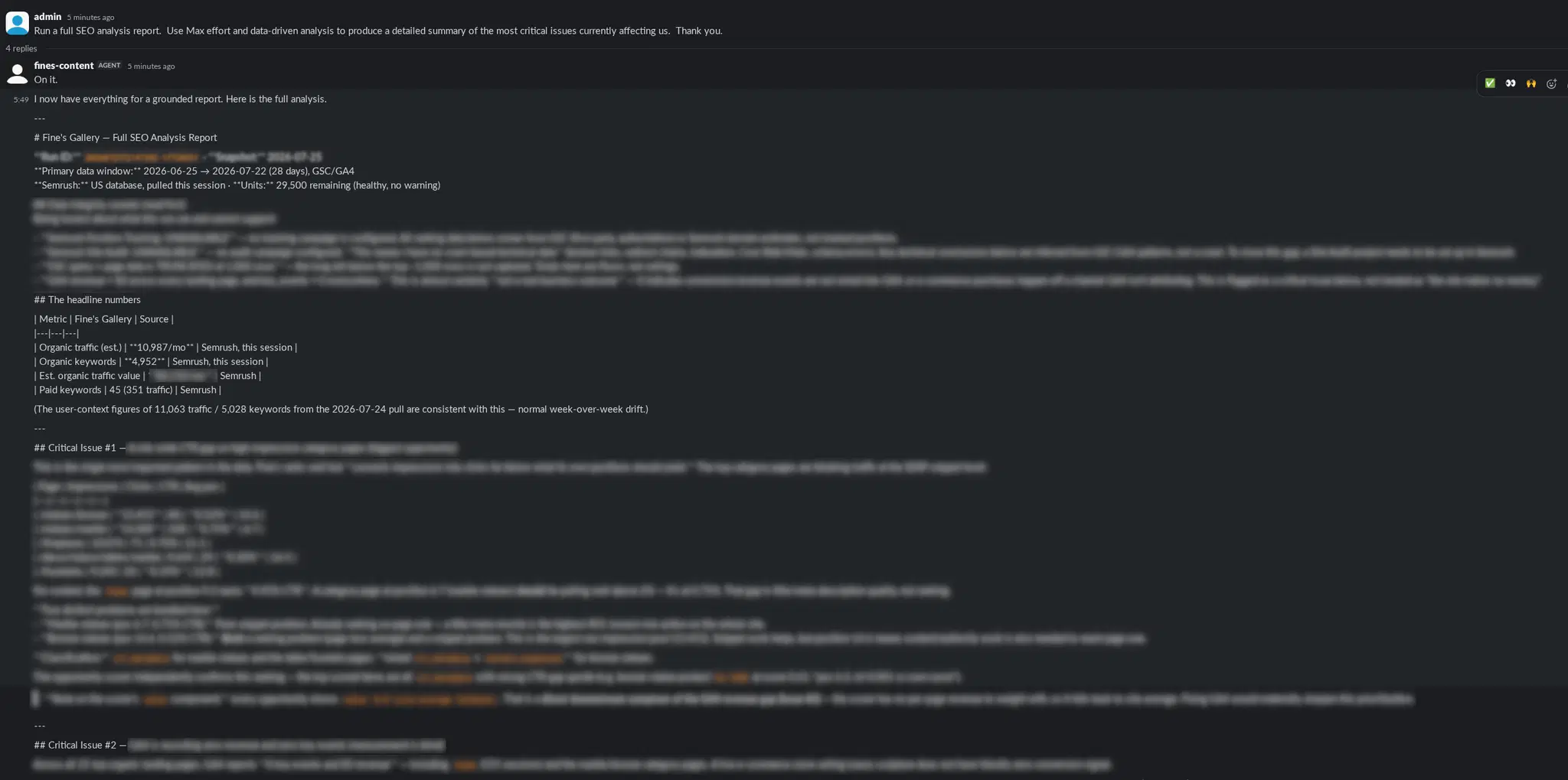The content agent returning a full SEO analysis report in Slack, grounded in live Search Console, GA4, and Semrush data with its run ID, data window, and research budget stated up front