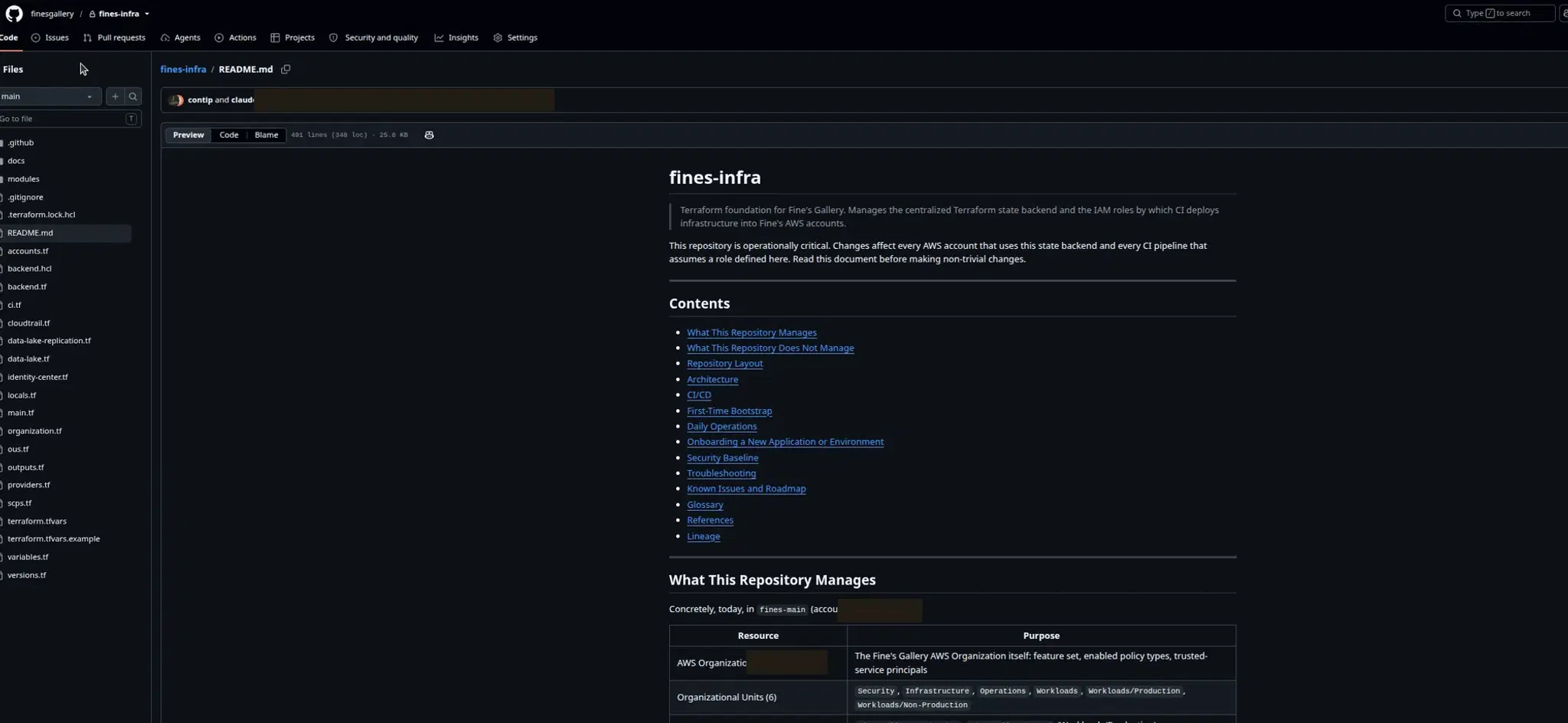 The client-owned Terraform infrastructure repository in the clients GitHub organization: state backend, IAM roles, CloudTrail, SCPs, and organization definitions as versioned files