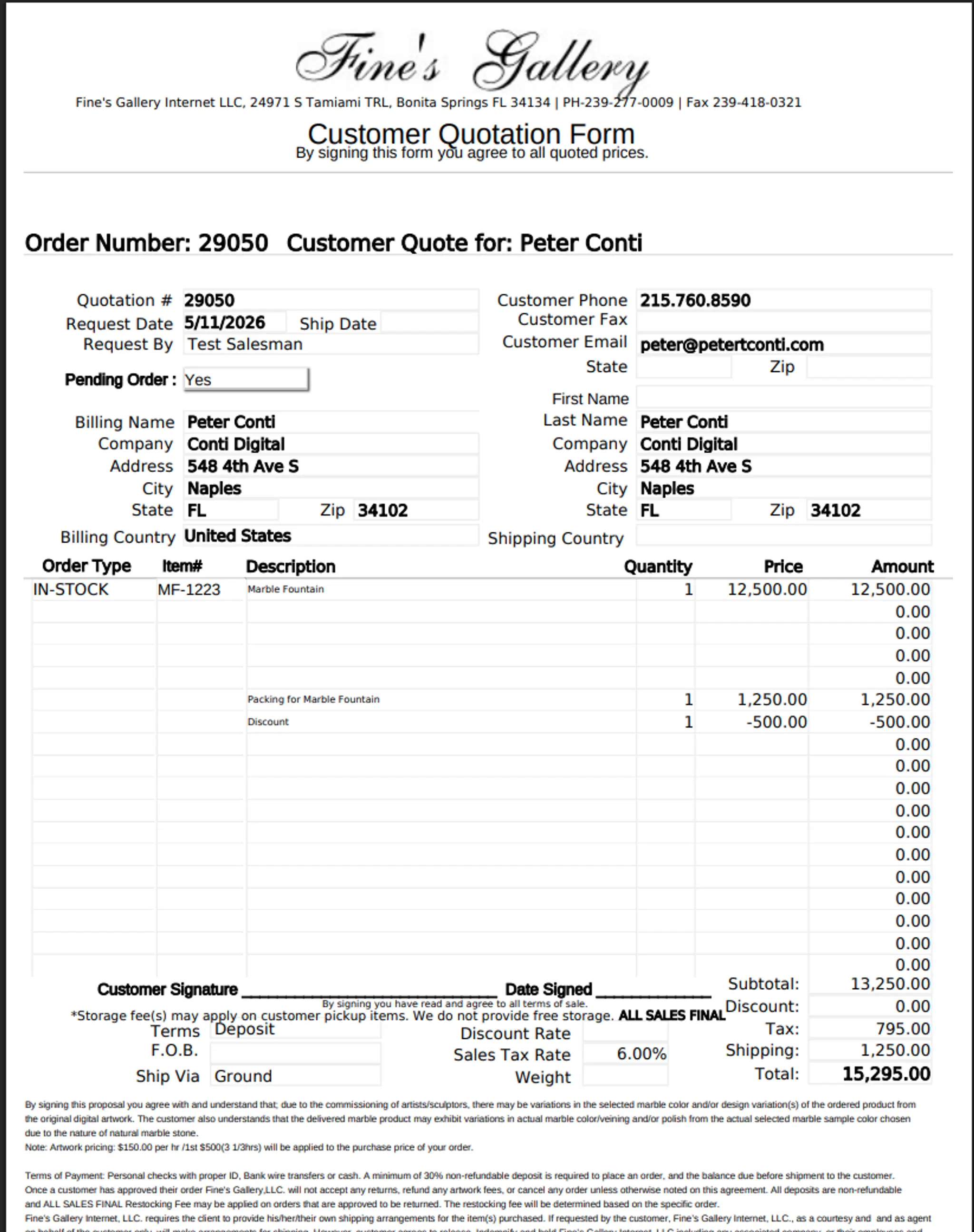 The legacy FileMaker-generated quote/invoice PDF Fines Gallery sent to customers for over twenty years — the document format the replacement had to match exactly.