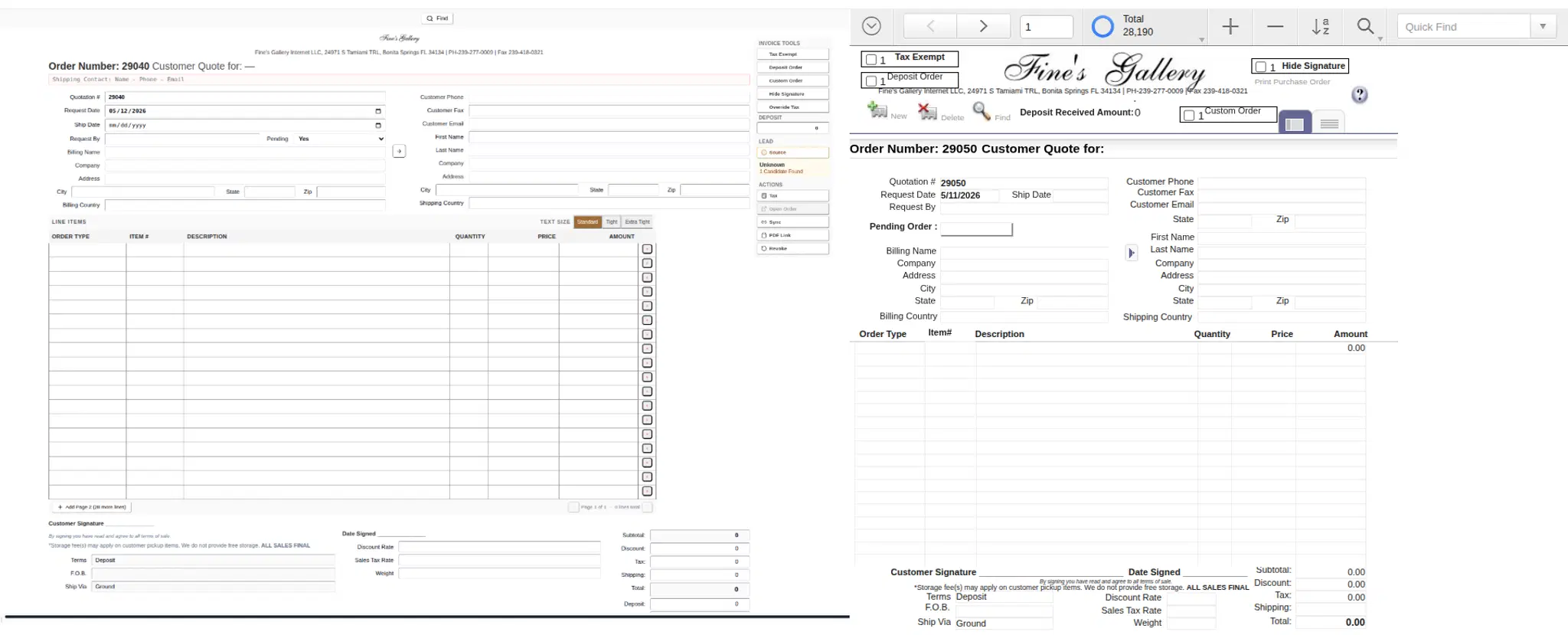 Side-by-side comparison: the legacy FileMaker invoice view used by Fines Gallery for over two decades (left) and the new Payload-backed invoice editor (right) that replaced it.