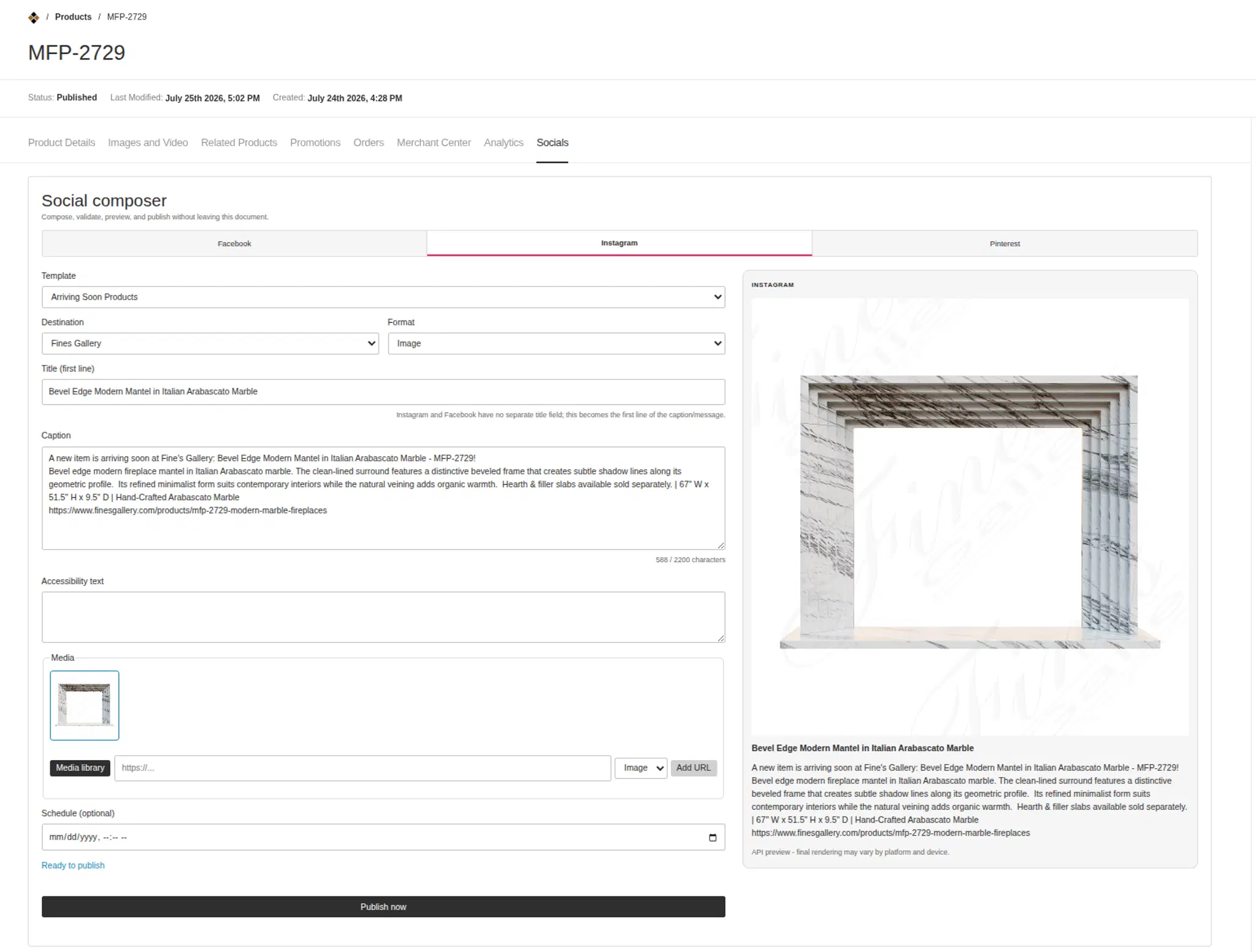 The social composer on a live product document: template applied, per-platform tabs, caption with character count, media, optional schedule, and a rendered Instagram preview